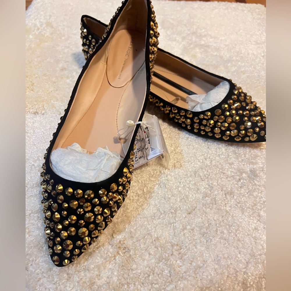 Zara Black Flats Covered with Gold Rhinestones